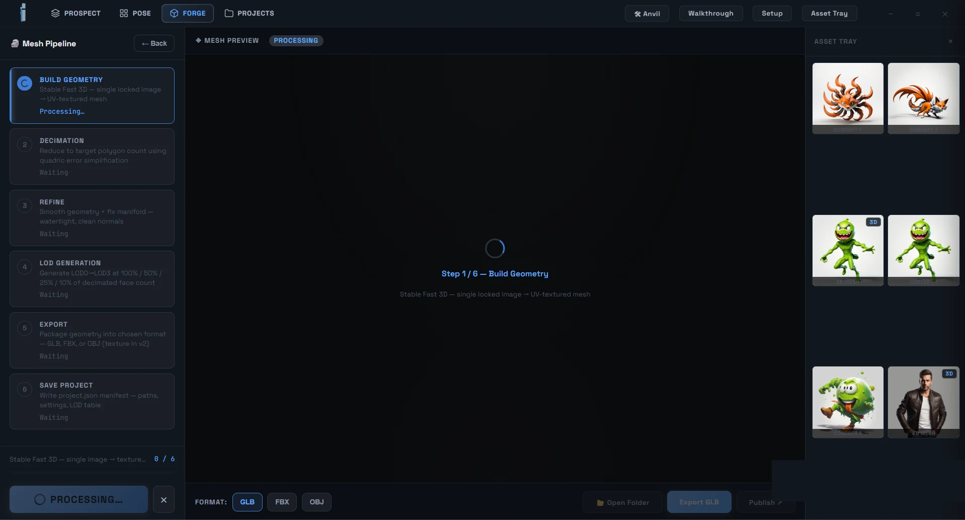 InterForge Forge view: the six-step mesh pipeline running, with export format options