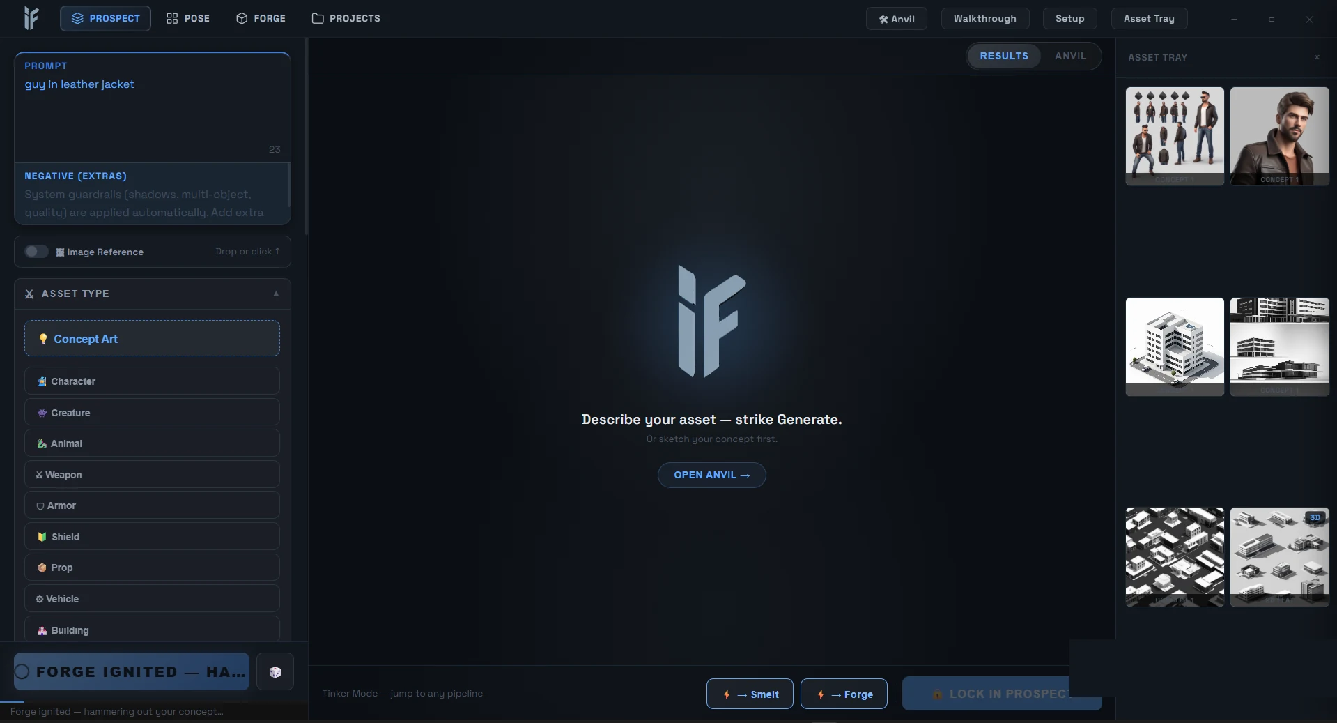 InterForge Prospect view: a prompt field, asset-type list and generated concepts in the asset tray